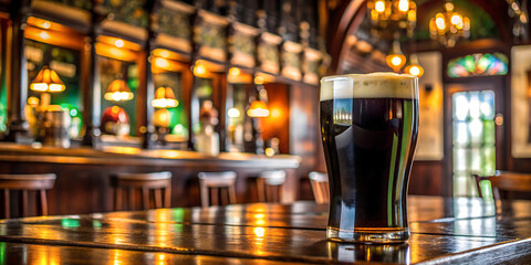A pint of dark stout beer with a thick foamy head sits on a polished wooden bar in a dimly lit, traditional irish pub with patrons blurred in the background