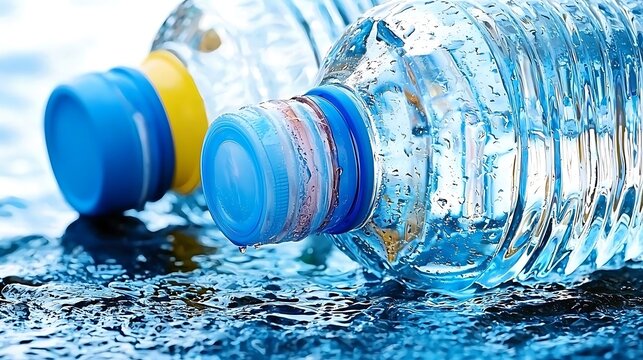 Transparent water bottle isolated on white background, shot at 100mm focal length, focus on smooth plastic surface and cap details with gentle diffused lighting