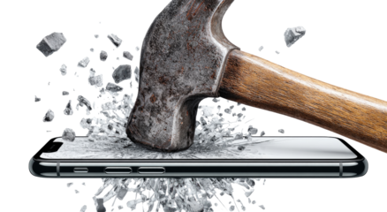 A hammer forcefully strikes a smartphone screen, shattering the protective covering