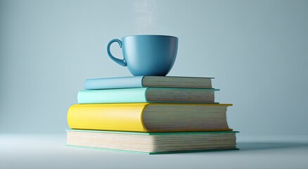 Naklejka premium A stack of books, topped by a light blue mug, steaming gently
