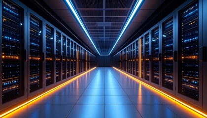 Obraz premium Data Center Infrastructure with Rows of Servers and Neon Lighting Reflecting on Tiled Floor