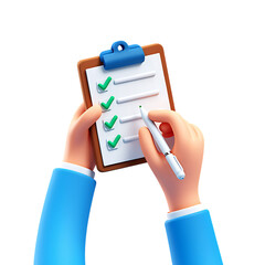 3d png hands holding clipboard with checklist and pen, symbolizing task management, organization, and productivity, isolated on transparent background transparent background