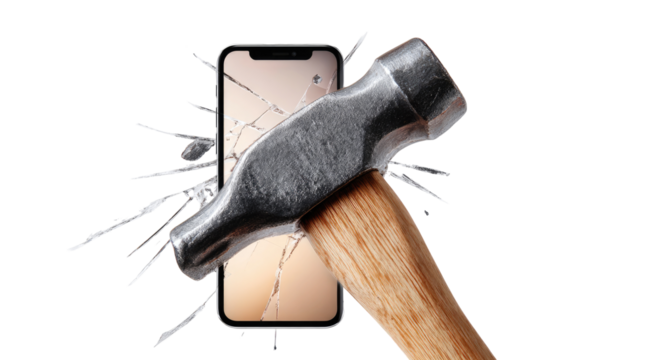 A hammer smashes a smartphone screen. Cracked glass, powerful impact