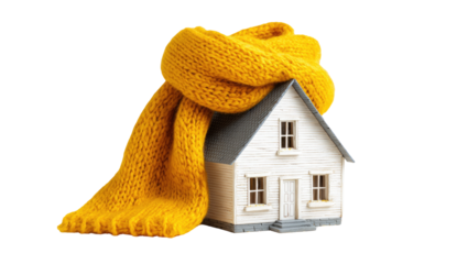 Cozy, warm yellow scarf draped over a small white house model