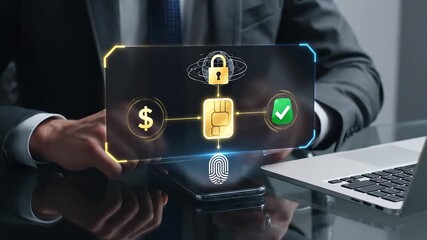 Business professional using secure digital payment authentication system with AI technology, data encryption, financial transaction protection, and fraud prevention solutions in corporate environment - Powered by Adobe