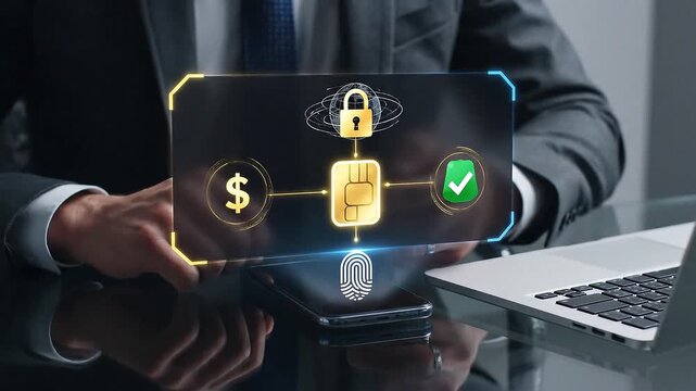 Business professional using secure digital payment authentication system with AI technology, data encryption, financial transaction protection, and fraud prevention solutions in corporate environment - Powered by Adobe
