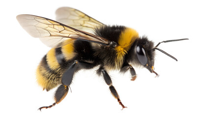 Closeup of a fuzzy bumblebee with yellow and black stripes isolated on transparent background