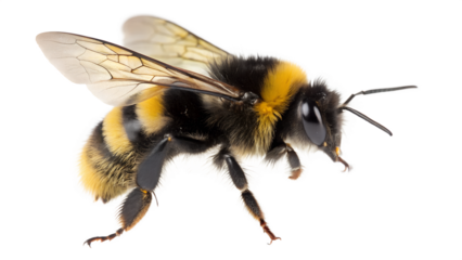 Closeup of a fuzzy bumblebee with yellow and black stripes isolated on transparent background
