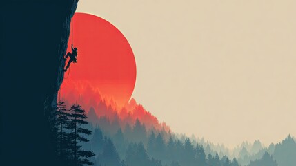 Minimalist Mountain Climber with Red Sun Background