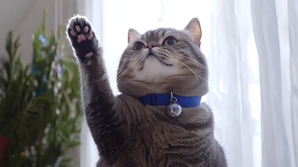 Taken with mirrorless camera, 200mm lens, light gray cat mid-pounce with raised paw and focused eyes, isolated on white background, playful and dynamic pose