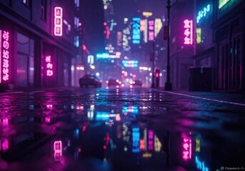 Fototapeta premium Neon-lit city street at night, rain reflections