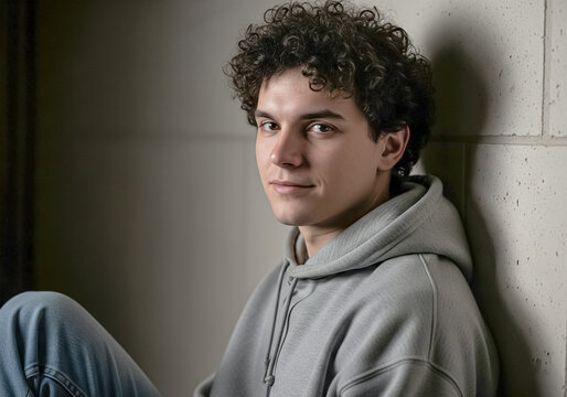 Thoughtful portrait of a handsome young man with curly hair wearing a grey hoodie, leaning against a wall with a gentle expression.