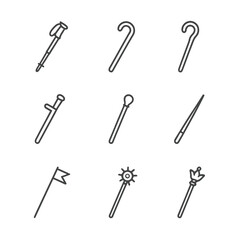 Naklejka premium Staff Icon Collection. Outline icon set of staff in practical use: hiking pole, walking cane, shepherd staff, security baton,