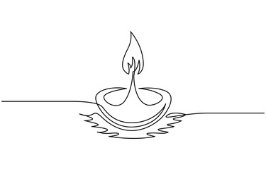 Continuous one line drawing oil lamp, candle burning flame, One line of candle diwali isolated on,  candle burning flame black contour line simple minimalist vector.