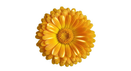 A single vibrant golden marigold flower with soft glowing petals isolated on a pure white background