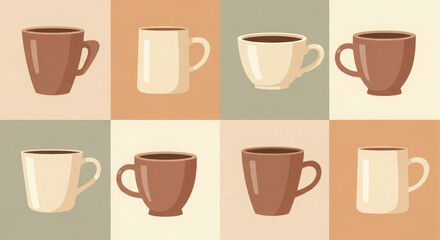 Obraz premium Collection of eight ceramic coffee mugs in various styles and colors presented in a grid format against a muted color blocked background perfect for beverage related designs