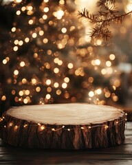 Rustic wooden log, Christmas lights, bokeh background