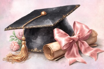 Watercolor illustration of a graduation cap and diploma with a ribbon, symbolizing academic achievement and success. Ideal for graduation announcements and celebration designs.