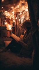 Fototapeta premium A woman sits reading a book in a cozy, warm setting.