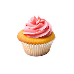 Delicious vanilla cupcake with swirled pink frosting isolated on transparent background