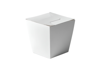 Empty white takeout container.  Square, slightly tapered shape.  Folded edges