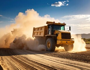 Heavy-duty yellow construction dump truck driving on dirt road du daytime with dust clouds and clear sky in the background