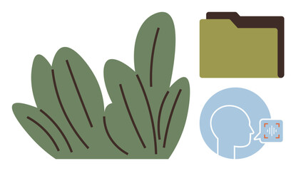 Green leaves, tabbed folder, profile speaking voice icon with scanning marks. Ideal for technology, data security, AI, communication, environment analytics harmony. Simple flat metaphor
