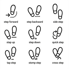 Obraz premium Step Movements Icons. Outline icon set of step movements: step forward, step backward, side step, step up, step down, quick step,