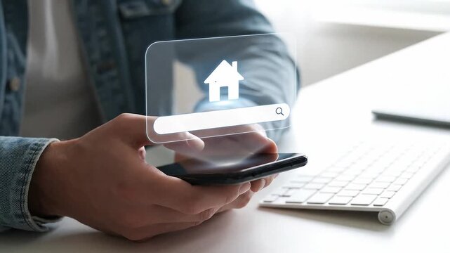 Person Using Smartphone for Online Real Estate Search with Digital Home Icon, Discovering Property Listings, Market Trends, and Investment Opportunities for Effective Real Estate Management