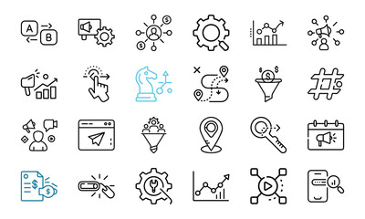 25 Digital Marketing SEO Line Icons – Analytics, Funnel, Advertising, Campaign, Hashtag, Video Marketing, Keyword Strategy Vector Icon Set for Web, App, and Business Branding