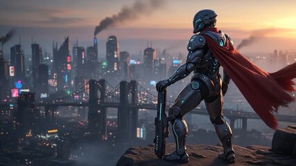 Cyberpunk Cityscape: A Futuristic Sentinel Stands Guard Over a Breathtaking Metropolis - Powered by Adobe