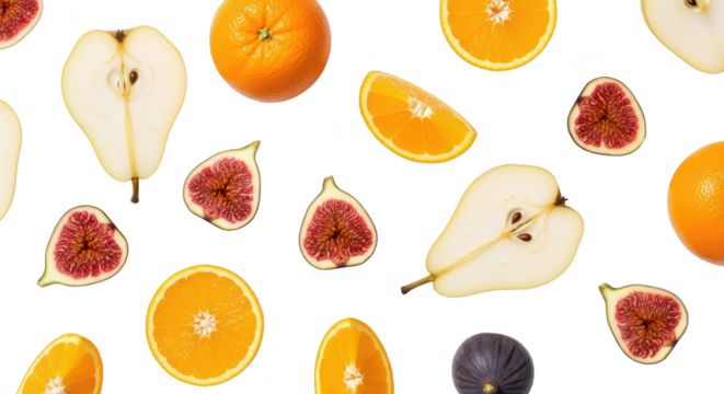 Vibrant flat lay of fresh sliced oranges, pears, and figs scattered on a clean white background