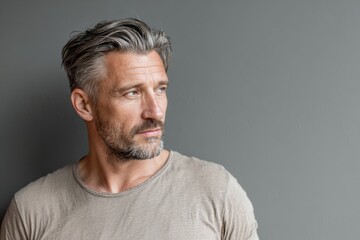 Fototapeta premium portrait man 40 years old in grey beige t-shirt looks away on grey background