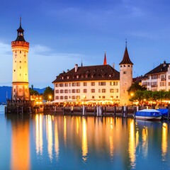 Obraz premium Lakeside town at night, illuminated buildings