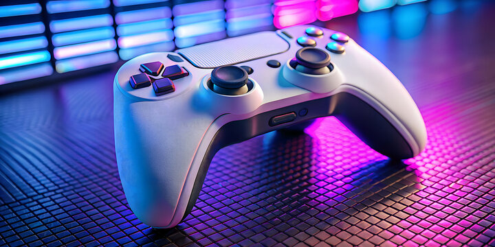 A modern white video game controller with colorful neon lights in the background, representing digital entertainment and futuristic gaming technology