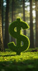 Green dollar sign made of grass in a forest. Concept of ecological economy, sustainable finance, and green investment.