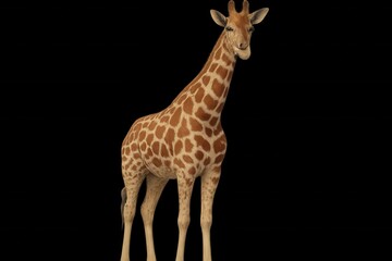 Obraz premium A lone giraffe stands tall against a stark black background, its gentle eyes reflecting the world around it