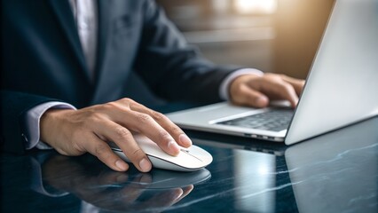 Businessman using computer mouse while working on laptop in the office