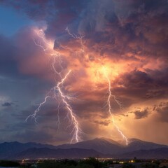 Majestic sky with lightning bolts during a summer storm