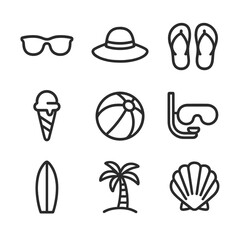 Summer Vacation Icons. Outline icon set of postcard summer vacation: sunglasses, sunhat, flip flops, ice cream, beach ball,