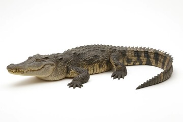 Naklejka premium A lone alligator lies serenely on a pristine white background, its scales shimmering in hues of brown and black
