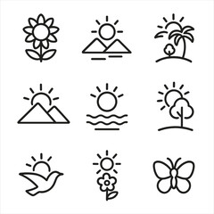 Sun and Nature Icons. Outline icon set of sun and nature: sunflower, desert sun, tropical sun, mountain sun, sun and ocean, sun