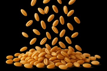 A cascade of golden wheat kernels descends in a dynamic display of abundance