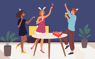 Young people having fun and play beer pong. Guys and girls playing at party. Woman throwing ball into beerpong glass. Man with ale pint. Alcohol challenge. Game competition. Vector concept