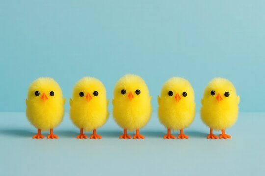 A charming lineup of fluffy yellow chicks on a serene blue background