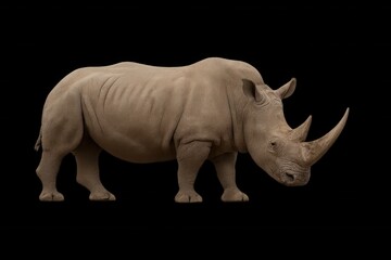Obraz premium A lone rhinoceros stands majestically against a stark black background, its powerful form a testament to nature's grandeur