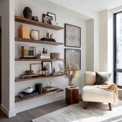 Minimal condo with built-in shelves and curated decor