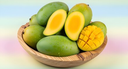 Golden Treasures: A Wooden Bowl Overflowing with Fresh, Juicy Mangoes, One Sliced to Reveal its Sweetness







