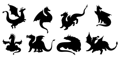 Fototapeta premium Winged medieval dragons. Fire breathing magic animals black silhouettes. Flying bestiary reptiles poses. Fairy tale monsters. Isolated fantasy creatures. Vector mythical lizards set