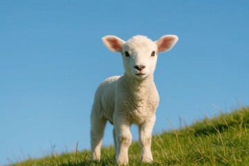 Obraz premium A young lamb stands alert on a verdant hill under a clear blue sky